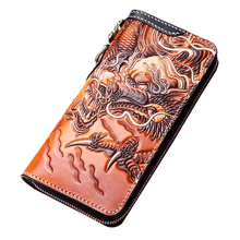 Genuine Leather Wallets Carving Chinese Dragon Brave Troops Purses Men Long Clutch Vegetable Tanned Leather Wallet Card Holder 2024 - buy cheap