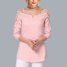 Rogi outono renda chiffon blusa feminina manga comprida com decote em v camisa casual topos elegante escritório senhoras blusas mais tamanho 2024 - compre barato