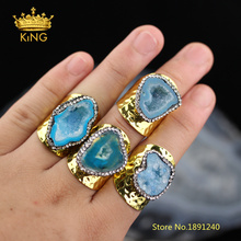 5pcs Freeform Achate Plated Gold Rings Fine Jewelry,Blue Druzy Geode with Rhinestones Natural Agates Bands Solitaire Rings YT40 2024 - buy cheap
