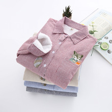 Blusa grossa de veludo para mulheres, camisa listrada de manga comprida para mulheres, tops femininos de algodão bordado de raposa, plus size 2024 - compre barato