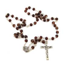 Religious Jewelry Brown Glass Beads Rosary Necklace Antique Cross Long Necklace 2024 - buy cheap