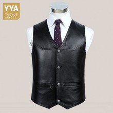 Chaleco de piel auténtica para hombre, chaqueta sin mangas, de piel de oveja, con cuello en V, con una botonadura, chaleco informal de negocios, negro 2024 - compra barato