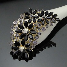 Broches grandes vintage pretos de cristal e flores, broche com strass, acessórios para vestido de festa de casamento para mulheres 2024 - compre barato