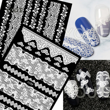 3D белые кружевные наклейки для ногтей цветы украшения наклейки для маникюра из фольги для Nail Art наклейки Дизайн Клей полый гвоздь наклейка обертывания 2024 - купить недорого