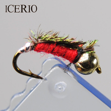 ICERIO-Señuelos de Pesca de ninfas Rojas, cable peludo, cabeza de cuenta Caddis, Mosca, trucha, 12 Uds., #14 2024 - compra barato