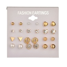 High Quality Rhinestone Heart Round Shaped Gold Silver Color Stud Earrings set For Women Girls Ear Jewelry Gifts 12 Pairs 2024 - buy cheap