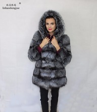 Пальто Linhaoshengyue из цельного серебристого лисьего меха и длинные рукава с капюшоном 2024 - купить недорого