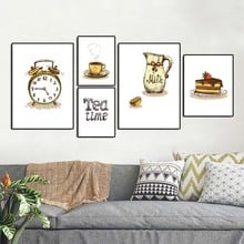 Cuadros decorativos de lona para el hogar, pintura de pared, reloj despertador, pastel de té, impreso en HD, nórdico, póster Modular para sala de estar 2024 - compra barato