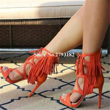 Fashion Women Open Toe Stiletto Heel Tassels Gladiator Sandals Lace-up Fringes High Heel Sandals Dress Shoes 2024 - buy cheap