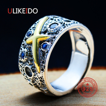 Кольцо с крестом из 100% чистого серебра 925 пробы, Винтажное кольцо с синими звездочками для мужчин и женщин, специальный подарок 0036 2024 - купить недорого