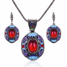Colorful Enamel Jewelry Sets For Women Antique Silver Color Red Resin Beaded Big Vintage Metal Pendant Necklace And Earrings Set 2024 - buy cheap
