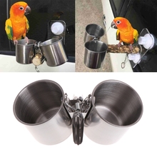 New Food Water Feeding Bird Double Cups With Clip Stainless Steel Parrot Cage Stand 2024 - buy cheap