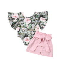 Conjunto 2 peças macacão plissado de bebê feminino, roupas de verão com saia e laço 2024 - compre barato