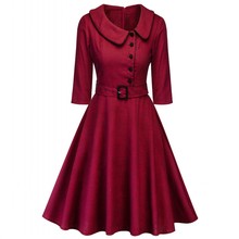 2019 Casual Burgundy Elegant Office Lady Plaid 3/4 Sleeve Vintage Dress Turn-down Collar Belt Women Retro Spring Autumn Dresses 2024 - buy cheap