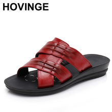HOVINGE-Zapatillas de piel auténtica con punta abierta para mujer, zapatos de tacón bajo con plataforma, chanclas negras 2024 - compra barato