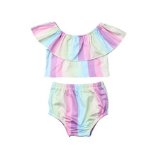 0-24M  Toddler Infsnt Baby Girls Rainbow Top Ruffle Pants Brief Sunsuit Clothes 2PCS 2024 - buy cheap