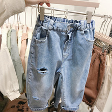 Calça jeans infantil unissex, calça casual de cintura elástica com buracos para meninas 2-6 anos para crianças primavera outono 2024 - compre barato