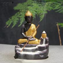 Quemador de incienso de reflujo, soporte para varillas de incienso, cascada, decoración del hogar, incensario de porcelana, estatua de Buda dorado Zen 2024 - compra barato