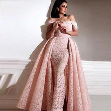 2019 Saudi Arabic Overskirts Prom Gowns Detachable Train Off-Shoulder Formal Party Dress Zipper Back Sheath Lace Evening Wear 2024 - buy cheap