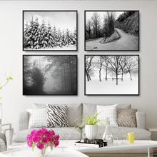 Imagen en lienzo para decoración del hogar, pinturas artísticas de pared, dibujos animados al exterior sin marco, blanco y negro, paisaje de bosque nevado 2024 - compra barato