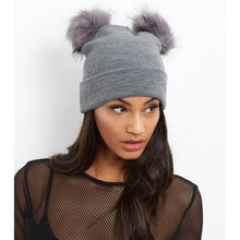 Chapéu de inverno feminino, chapéu de malha de algodão para mulheres, orelhas de gato, pele falsa dupla, pom, gorros femininos 2024 - compre barato