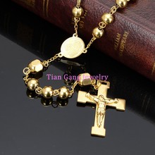 Men Women's Stainless Steel Pendant Necklace Gold Tone Jesus Christ Crucifix Cross Rosary Vintage Long Necklace 2024 - buy cheap