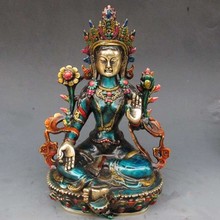 decoration brass factory Pure Brass Antique 8.66 inch Exquisite Chinese hand-carved cloisonne buddhist Buddha green tara statue 2024 - buy cheap