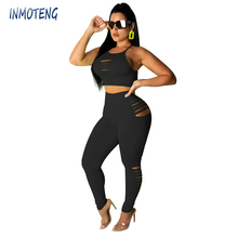 INMOTENG Sexy Hole Two Piece Set  S-XXL Women Gradient Summer Spaghetti Strap Top Bodycon Pant Sweat Suit Beach 2 Piece Set 2024 - compre barato