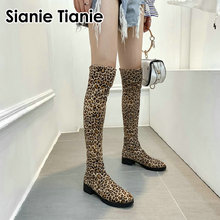 Sianie Tianie-Botas por encima de la rodilla para mujer, calcetín de tejido elástico, felpa cálida de leopardo, Botas Largas, invierno y otoño, 2020 2024 - compra barato