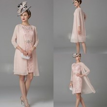 Vestidos elegantes rosa para mãe de noiva, 2 peças de chiffon de manga comprida, vestidos de noite personalizados, vestido de baile até o joelho, 2019 2024 - compre barato