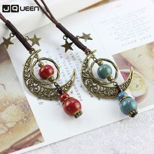 Retro Fashion Ethnic Style Star Moon Pendant Long Necklace Sweater Chain Ceramic Jewelry Necklace Pendant Female Accessories 2024 - buy cheap