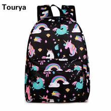 Tourya mochila feminina estampa de arco-íris, mochila escolar com desenho fofo unicórnio para adolescentes meninas bolsa para viagem mochila para laptop 2024 - compre barato