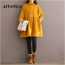 New 2021 Vintage Corduroy Long Sleeve Peter Pan Collar Yellow Red High Waist Women Dress Autumn Winter Casual Ladies Dresses 2024 - buy cheap