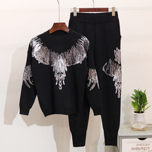 Women Set Spring Autumn Sequin Knitted Sweater Women Suit Tracksuit Loose Pullover Pants Female Casual Jumper Tops Trousers 2pcs 2024 - buy cheap