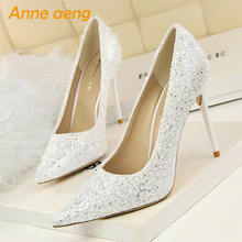 2019 New Women Pumps High Thin Heel Metal Pointed Toe Shallow Sexy Ladies Bling Bridal Wedding Women Shoes White High Heel Pumps 2024 - buy cheap