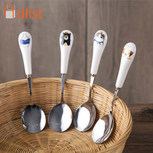 4pcs Cute Round Teaspoon Baby Child Dinner Spoon Stainless Steel Dessert Stirring Fruit Coffee Scoop With Ceramic Cat Handle 6'' 2024 - buy cheap