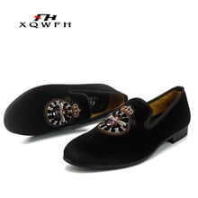 XQWFH New Style Red Shoes Fashion Men Loafers With Embroidery Crown Handmade Men Velvet Shoes Party and Wedding Men's Flat 2024 - buy cheap