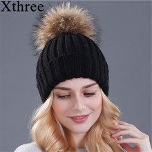 Xthree Natural Mink Fur Winter Hat for Women Girl 's Hat Knitted Beanies Hat With Pom Pom Brand Thick Female Cap Skullies Bonnet 2024 - купить недорого