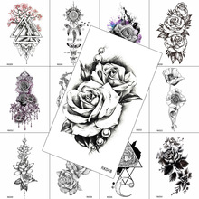 Временные тату-наклейки «сделай сам» с черными цветами, водостойкие тату для женщин, имитация боди-арта, тату на руку, Минималистичная татуировка 2024 - купить недорого