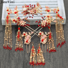 JaneVini Vintage Chinese Bridal Headdress Costume Red Beaded Ancient Wedding Hairpin Gold Tassels Bride Jewelry Hair Accessories 2024 - buy cheap