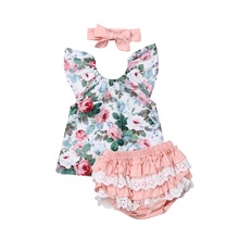3PCS Toddler Kid Baby Girl Clothes Set Floral Shirt Tops Lace Ruffle Shorts Headband Summer Casual Outfits 2024 - buy cheap