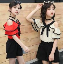 2pcs Summer Girls Clothes Outfits Backless Shoulderless Straps Tops Shorts Clothing Set ensemble fille For 6 8 10 12 14 Years 2024 - buy cheap