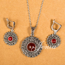 Jenia New Fashion Design Thai Silver Color Marcasite Red Stone Round Pendant and Earrings Jewelry Sets XS117 2024 - buy cheap
