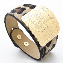 Pulseira étnica preta de metal punk leopardo estampada, bracelete largo feito à mão de couro para mulheres joias geométricas femininas 2024 - compre barato