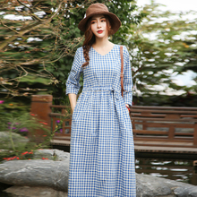 Vestido de lino y algodón a cuadros para mujer, Túnica elegante Coreana de Estilo Vintage Mori 2019, a la moda, para otoño y verano 2024 - compra barato