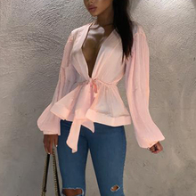 Sexy v neck long sleeve blouse women Sashes peplum tops and Womens blouses Summer fashion party top blusas mujer de moda 2019 2024 - buy cheap