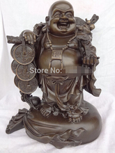 Transporte rápido 17 "china puro bronze fu moeda feliz rindo maitreya buda estátua no saco de dinheiro 2024 - compre barato