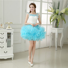 New sky blue short knee length 85cm lady girl women princess bridesmaid banquet party ball dress gown 2024 - buy cheap