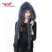 MH Real Fox Knitted Fur Hat Winter Winter Warm Genuine Fox Fur Scarf Hat Women Winter fashion Casual Knit Hooded Cap Russia W#09 2024 - купить недорого