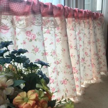 Pastoral Style Red Grid Splice Pink Roses Pinted Lace Short Curtain Home Decorative Multi-function Partition Curtain 50*150cm 2024 - buy cheap
